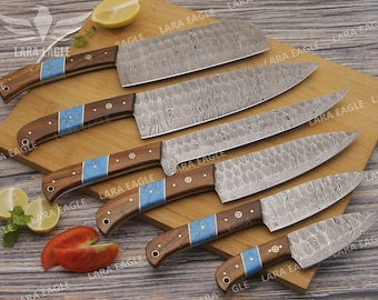 Elegant Handmade Damascus Chef Set With Turquoise & Rose Wood Handle Unique Anniversary Gift Handmade Kitchen Knife Set