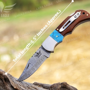 Elegant Damascus Steel Pocket Clip Knife Handmade Pocket Knife Folding Knife Perfect Groomsman Gift or Anniversary Present Turquoise &Rose Wood