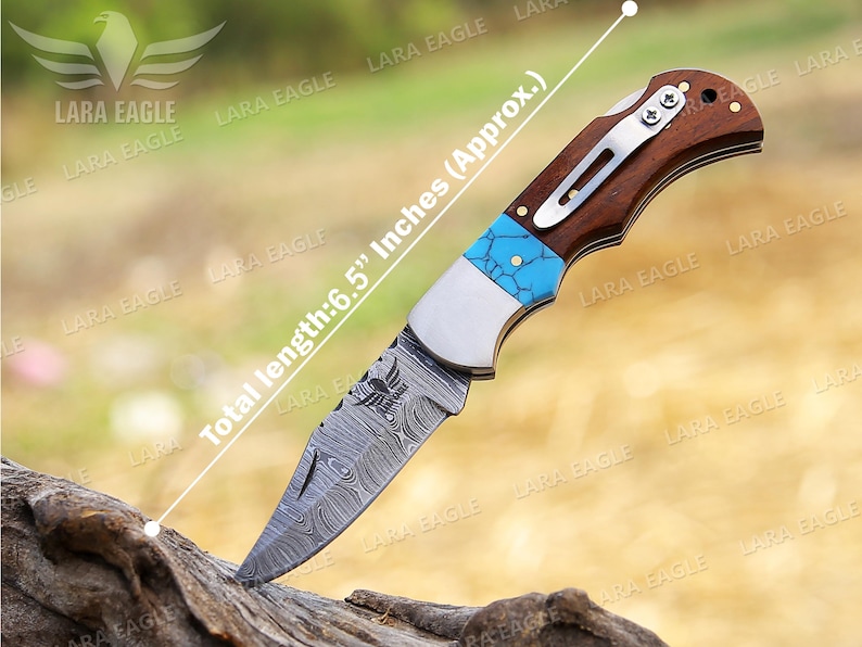 Elegant Damascus Steel Pocket Clip Knife Handmade Pocket Knife Folding Knife Perfect Groomsman Gift or Anniversary Present Turquoise &Rose Wood