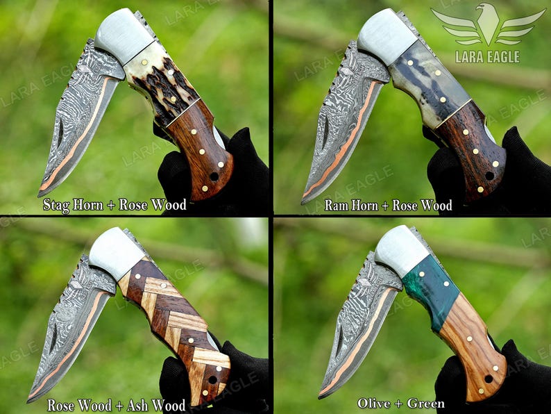 May include: Four folding knives with different handle designs. The blades have a patterned design with a copper-colored edge. The handles are made of wood, stag horn, and green material. Text on the image reads "Stag Horn + Rose Wood", "Ram Horn + Rose Wood", "Rose Wood + Ash Wood", and "Olive + Green".