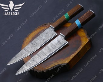 San Mai Handmade Damascus Steel Chef Knife Full Tang Chef Knife Turquoise & Rose Wood Handle Kitchen Knife Personalized Anniversary Gift