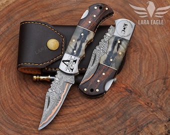Handmade Copper Damascus Folding Knife Custom Made Pocket Knife Personalized Anniversary Gift for Him Groomsman Gift Christmas Gifts