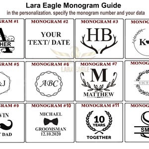 May include: A guide to 12 different monogram styles. Each style features a different design, including initials, names, dates, and symbols. The guide is labeled with the monogram number and the name of each style.