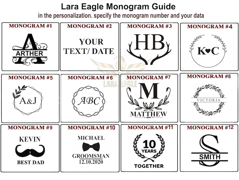 May include: A guide to 12 different monogram styles. Each style features a different design, including initials, names, dates, and symbols. The guide is labeled with the monogram number and the name of each style.