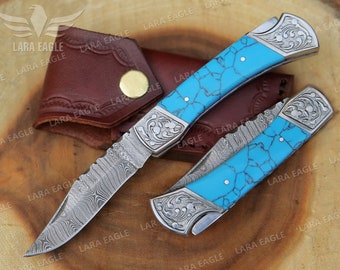 Personalized Handmade Damascus Pocket Knife With Turquoise Gemstone Handle, Folding Knife, Unique Anniversary Gift, Engraved Wedding Gift