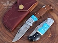 Personalized Handmade Damascus Steel Folding Pocket Knife, Turquoise Gemstone & Rose Wood Handle, Groomsman Gift, Wedding Anniversary Gift