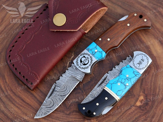 Personalized Handmade Damascus Steel Folding Pocket Knife, Turquoise Gemstone & Rose Wood Handle, Groomsman Gift, Wedding Anniversary Gift