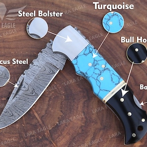 Personalized Handmade Damascus Steel Folding Pocket Knife, Turquoise Gemstone & Rose Wood Handle, Groomsman Gift, Wedding Anniversary Gift image 9