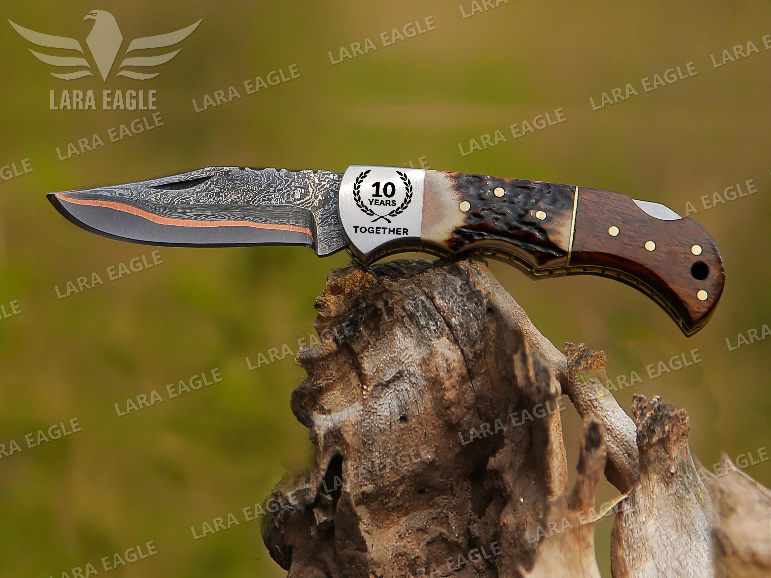 COPPER DAMASCUS HANDMADE Folding Pocket Knife With Deer
