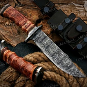 12" Custom Handmade Damascus Steel Bowie Knife Double Edge Hunting Knife Turquoise & Stacked Leather Handle Fixed Blade Knife Gift For Him