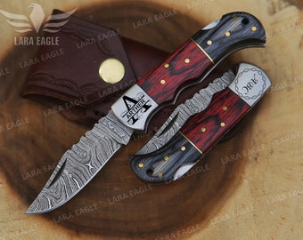 Custom Damascus Pocket Knife Handmade Folding Knife Pakka Wood Handle Fold Blade Unique Anniversary Gift Groomsman gift
