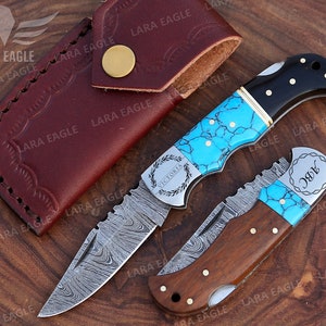 Personalized Handmade Damascus Steel Folding Pocket Knife, Turquoise Gemstone & Rose Wood Handle, Groomsman Gift, Wedding Anniversary Gift image 6