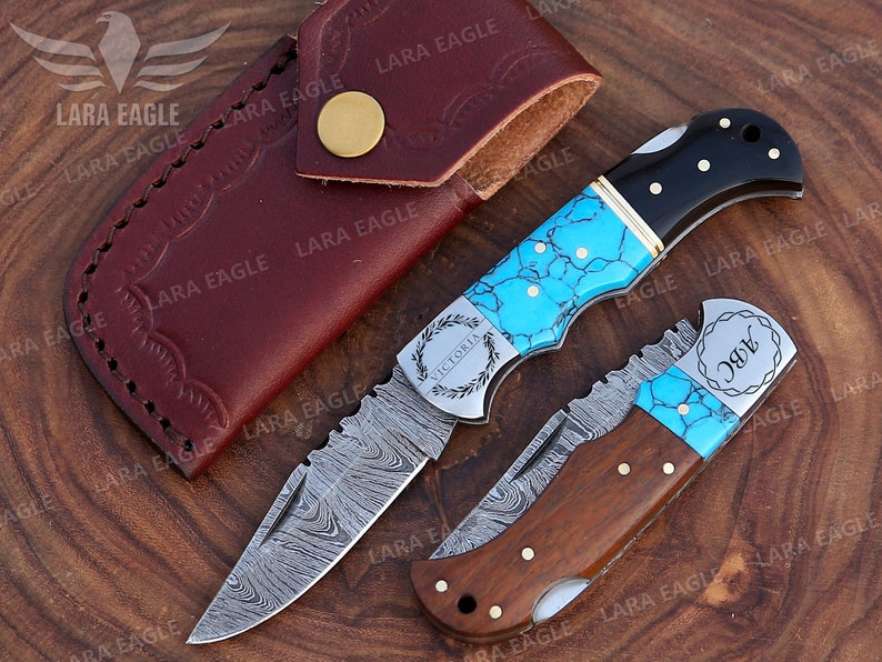 Personalized Handmade Damascus Steel Folding Pocket Knife, Turquoise Gemstone & Rose Wood Handle, Groomsman Gift, Wedding Anniversary Gift image 6