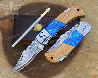 Handmade Copper Damascus Pocket Knife Personalized Folding Knife Anniversary Gift for Him Groomsman Knife Christmas Gift