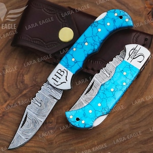 Handmade Damascus Steel Pocket Knife Real & Solid Turquoise Gemstone Handle Folding Knife Best Anniversary Gift Groomsman Gift For Him