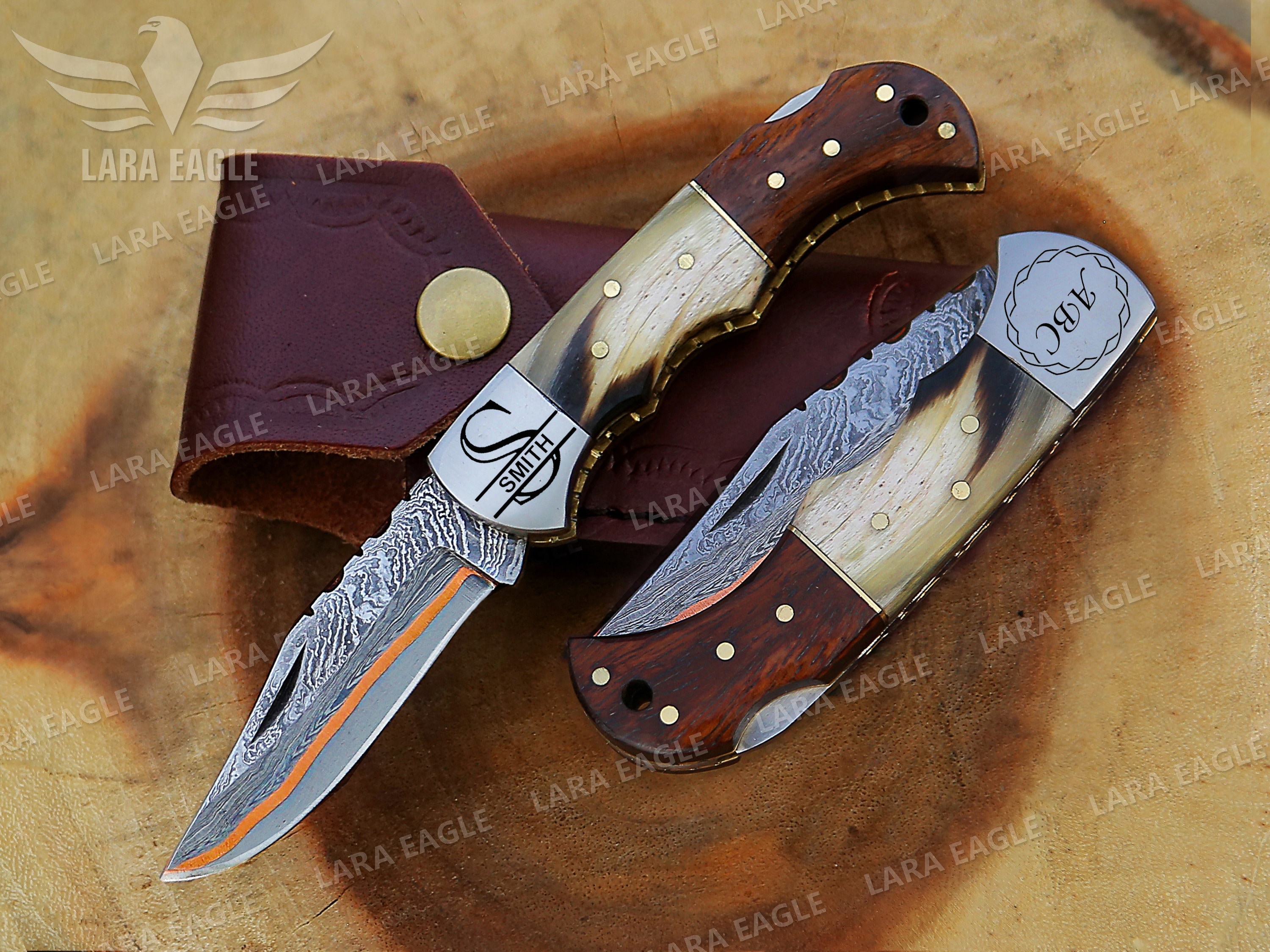 COPPER DAMASCUS HANDMADE Folding Pocket Knife With Deer Antler