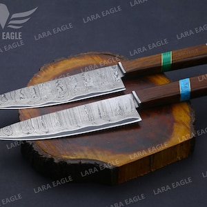San Mai Handmade Damascus Steel Chef Knife Full Tang Chef Knife Turquoise & Rose Wood Handle Kitchen Knife Personalized Anniversary Gift