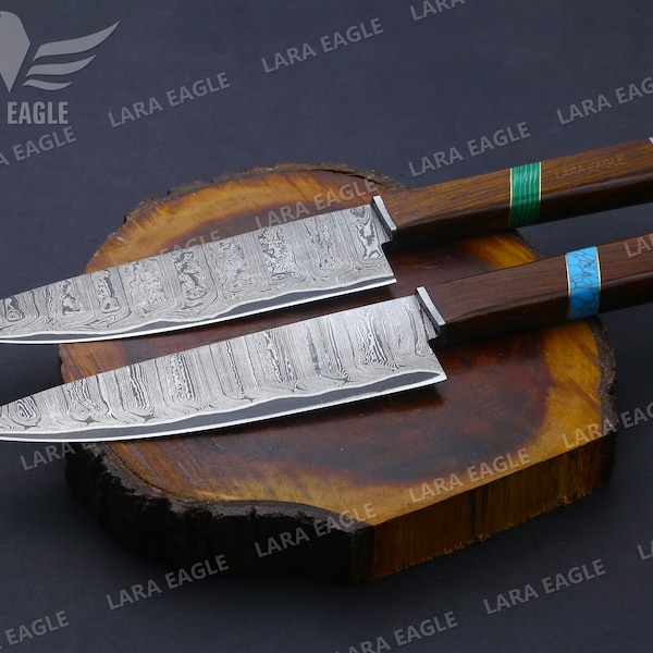 Handmade Damascus Steel Chef Knife: Turquoise & Rose Wood Handle San Mai Chef Kitchen Knives Birthday Gift For Him