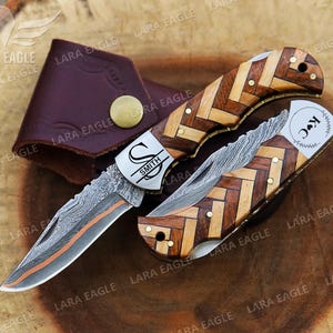 CUSTOM COPPER Damascus Folding Knife Copper Handmade Pocket Knife Wood strips Handle Groomsman Gift Anniversary Gift Father&#39;s Day Gift
