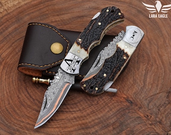 Copper Damascus Handmade Folding Knife- Personalized Stag Horn/Dear Antler handle Pocket Knife Camping Hunting Knife, Anniversary Gift