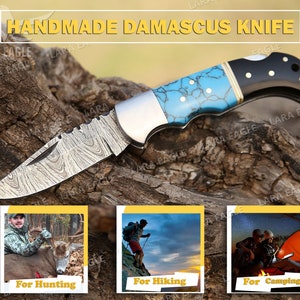Personalized Handmade Damascus Steel Folding Pocket Knife, Turquoise Gemstone & Rose Wood Handle, Groomsman Gift, Wedding Anniversary Gift Turquoise +Bull Horn