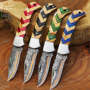 Copper Damascus Handmade Pocket Knife Copper Folding Knife Wooden Handle Personalized Anniversary Gift Groomsman Gift Best Gift For Him