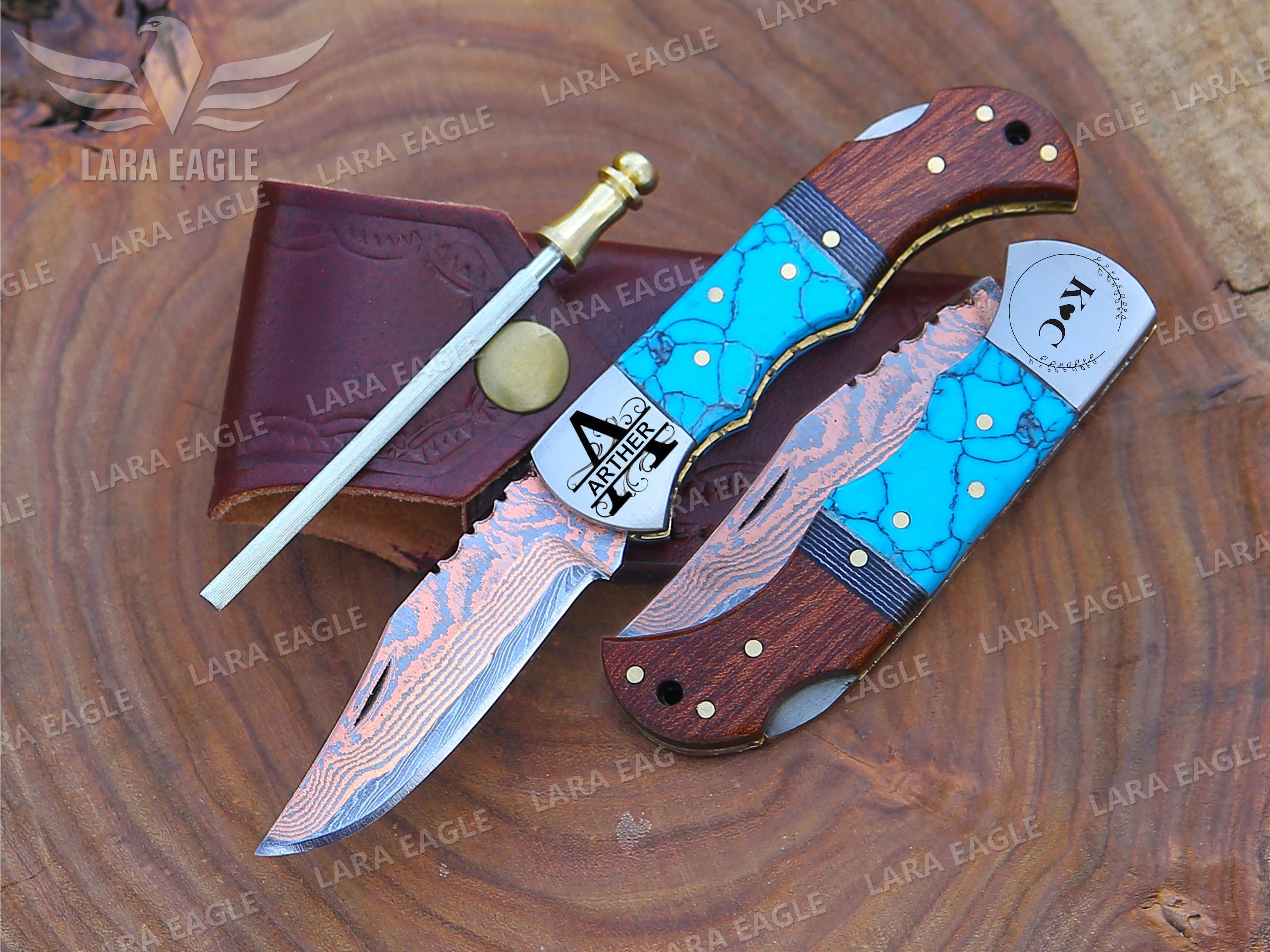 COPPER DAMASCUS Handmade Folding Knife Turquoise & Wood Handle