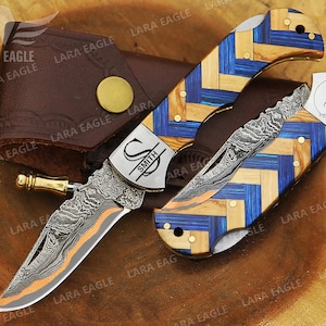 Personalized Copper Damascus Steel Pocket Folding Knife Handmade Copper Anniversary Gift Knife Hand Forged Copper Fold Blade Groomsman Gift