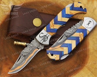 Personalized Copper Damascus Steel Pocket Folding Knife Handmade Copper Anniversary Gift Knife Hand Forged Copper Fold Blade Groomsman Gift