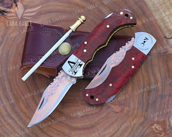Custom Handmade Copper Damascus Folding Knife Micarta Handle Hand Forged Copper Blade Pocket Knife Best Gift For Anniversary and Groomsmen
