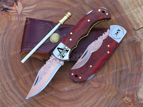 Custom Handmade Copper Damascus Folding Knife Micarta Handle Hand