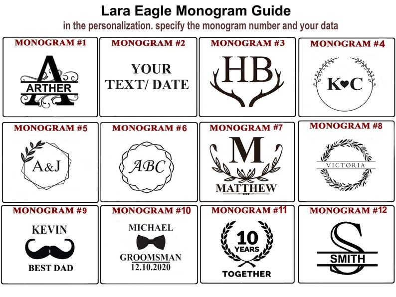 May include: A guide to 12 different monogram styles. Each style features a different design, including initials, names, dates, and symbols. The guide is titled "Lara Eagle Monogram Guide".