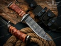 Handmade Damascus Steel Hunting Bowie Knife, Stacked Leather Handle, Fixed Blade Knife Anniversary Gift Best Gift For Him