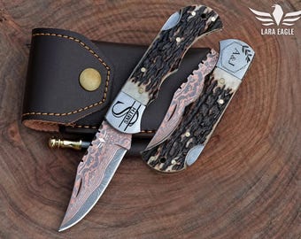 Coltello tascabile in rame Damasco fatto a mano con manico in corno di cervo, coltello pieghevole, regalo di anniversario di lusso, coltello da caccia per campeggio all'aperto, regali di Natale