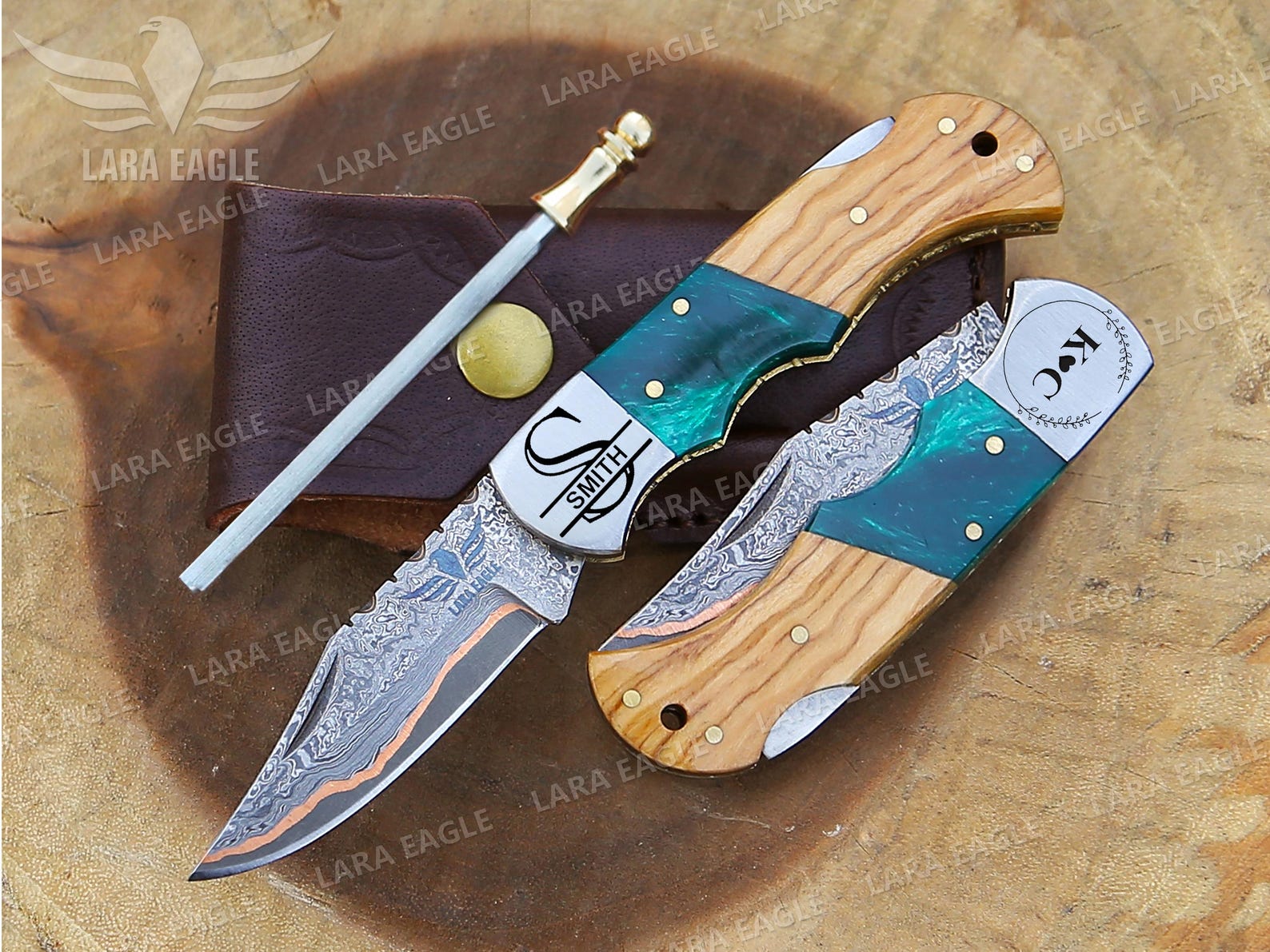 Personalized Handmade Copper Damascus Pocket Knife Olive Wood Handle Copper Forged Blade Anniversary Gift Father's Day Gift Groomsman Gift