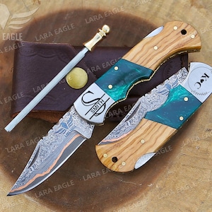 Personalized Handmade Copper Damascus Pocket Knife Olive Wood Handle Copper Forged Blade Anniversary Gift Father&#39;s Day Gift Groomsman Gift