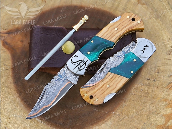 Personalized Handmade Copper Damascus Pocket Knife Olive Wood Handle Copper Forged Blade Anniversary Gift Father's Day Gift Groomsman Gift