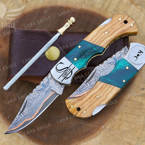 Personalized Handmade Copper Damascus Pocket Knife Olive Wood Handle Copper Forged Blade Anniversary Gift Father's Day Gift Groomsman Gift