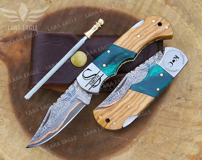 Personalized Handmade Copper Damascus Pocket Knife Olive Wood Handle Copper Forged Blade Anniversary Gift Father's Day Gift Groomsman Gift