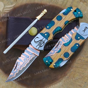 Handmade Copper Damascus Pocket Knife, Custom Folding Knife, Anniversary & Wedding Personalized Gift Groomsman Gift Best Gift For Him