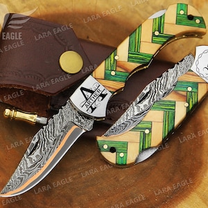 Copper Damascus Pocket Folding Knife Handmade Copper Anniversary Gift Knife Wooden Handle Personalized Groomsman Gift Best Gift For Him