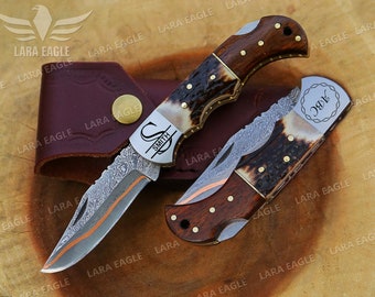 COPPER DAMASCUS HANDMADE Folding Pocket Knife with Deer Antler/ Stag Horn & Rose Wood Handle Copper Anniversary Gift Groomsman Gift