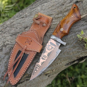 COPPER DAMASCUS HANDMADE Knife Copper Bobcat Hunting Knife Exotic Rose Wood Handle Best Anniversary Gift For Men image 2
