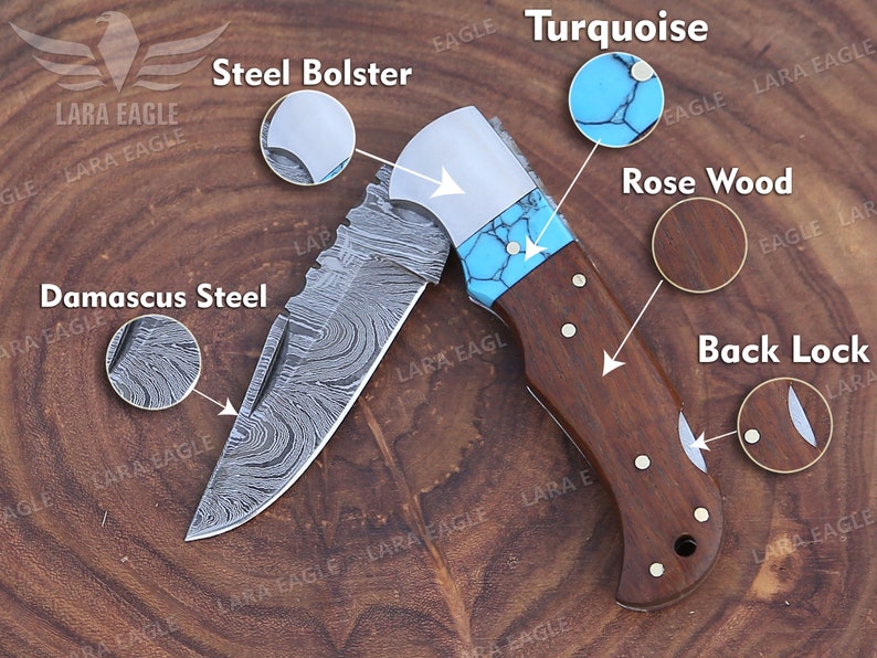 Personalized Handmade Damascus Steel Folding Pocket Knife, Turquoise Gemstone & Rose Wood Handle, Groomsman Gift, Wedding Anniversary Gift image 4