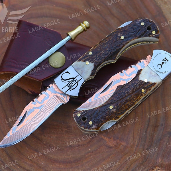 COPPER Damascus Handmade Pocket Folding Knife With Stag Horn Deer/Antler Handle Elegant Anniversary Gift Groomsman Gift