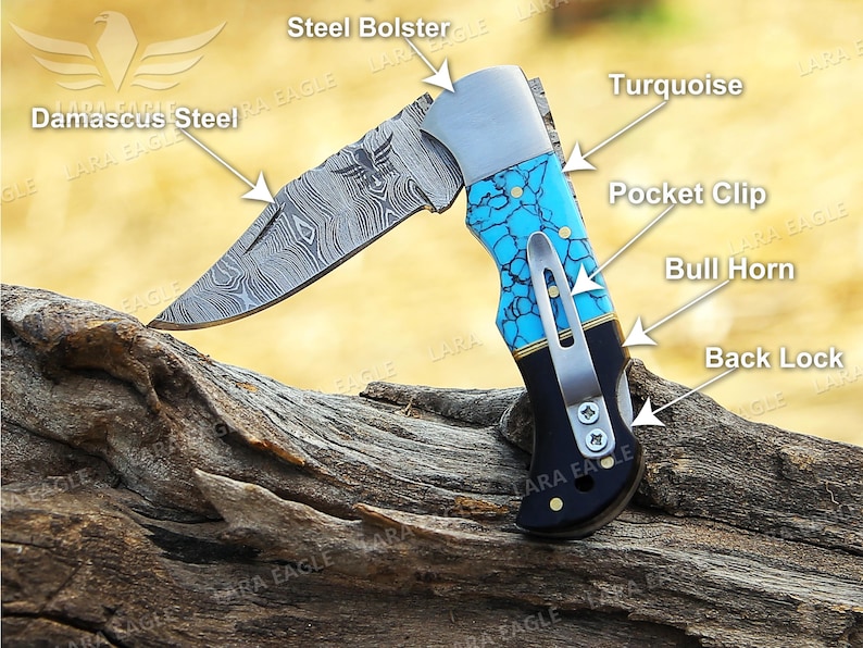 May include: A folding pocket knife with a Damascus steel blade, turquoise handle, and a steel bolster. The handle features a pocket clip and a back lock.