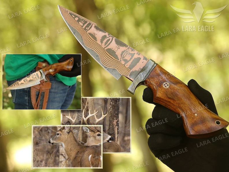 COPPER DAMASCUS HANDMADE Knife Copper Bobcat Hunting Knife Exotic Rose Wood Handle Best Anniversary Gift For Men image 4
