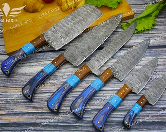 Elegant Damascus Steel Chef Knife Set with Turquoise Gemstone, Rosewood & Pakka Wood Handles, Professional Chef Knife Set, Anniversary Gift