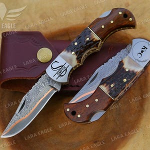 COPPER DAMASCUS HANDMADE Folding Pocket Knife with Deer Antler/ Stag Horn & Rose Wood Handle Copper Anniversary Gift Groomsman Gift