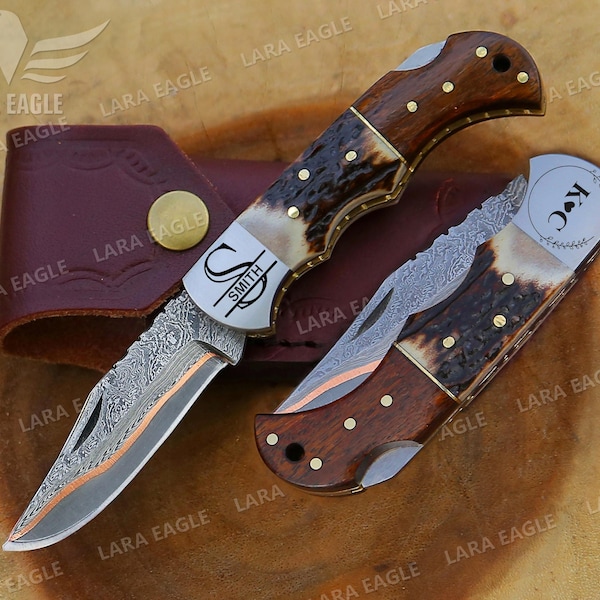 KUPFER DAMASKUS HANDMADE Klapp-Taschenmesser mit Hirschgeweih / Hirschhorn & Rosenholzgriff Kupfer Jahrestag Geschenk Trauzeuge Geschenk
